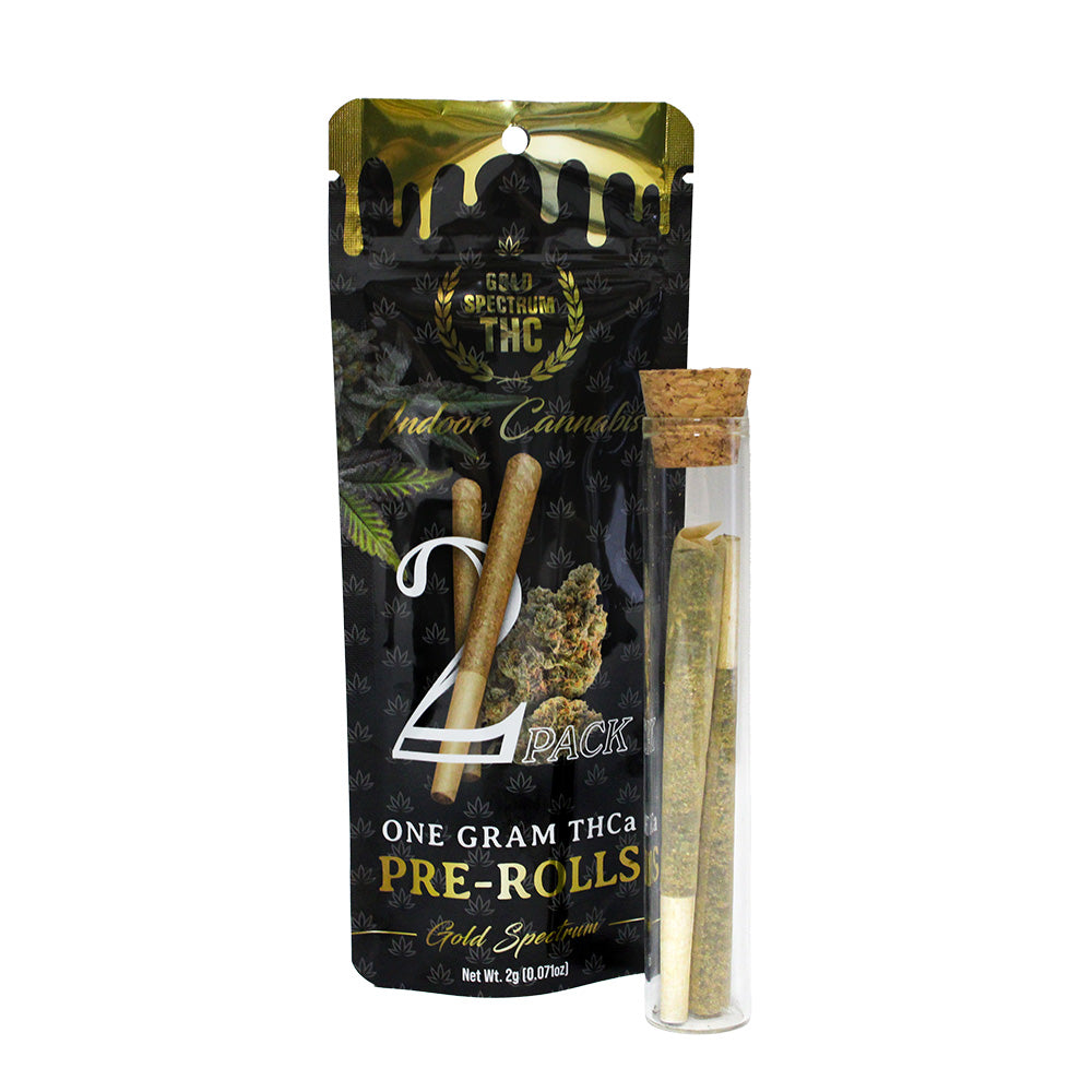 2 pack THCA prerolls front, in packaging, glass vial with cork lid