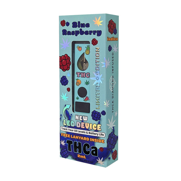 new limited fruity 2ml Blue Raspberry thca disposable vape in-box front and angled view