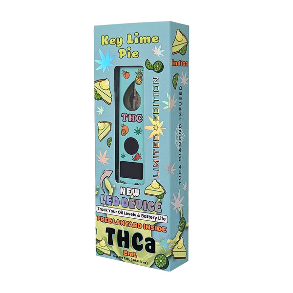 new limited fruity 2ml Key Lime Pie thca disposable vape in-box front and angled view