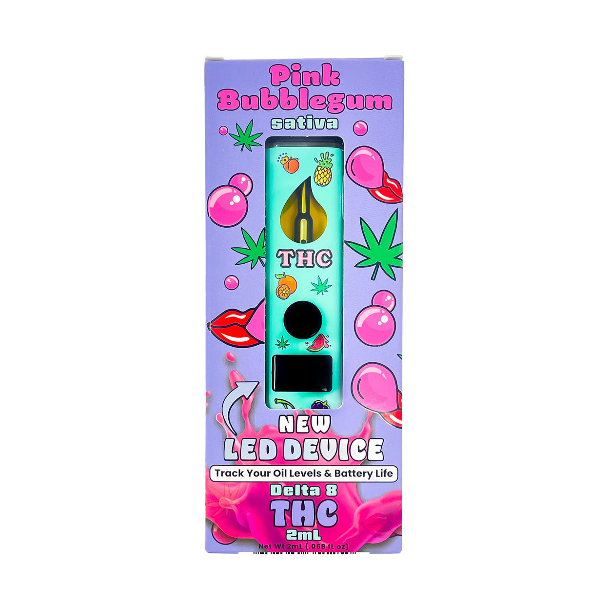 fruity 2ml Pink Bubblegum Delta 8 disposable vape in-box front view