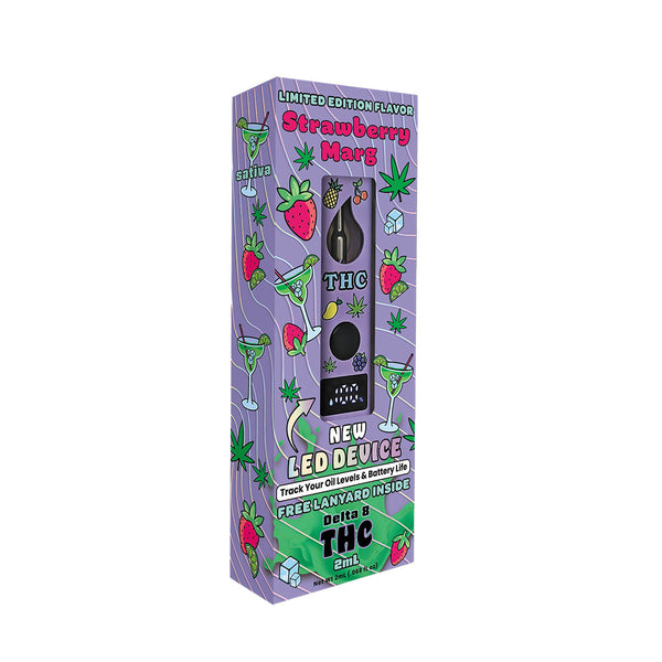 new limited fruity 2ml Strawberry Marg Delta 8 disposable vape in-box angled view