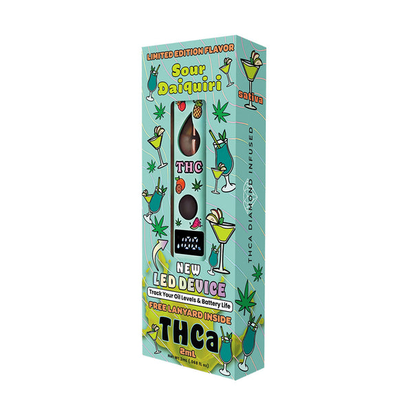 new limited fruity 2ml Sour Daquiri thca disposable vape in-box front and angled view