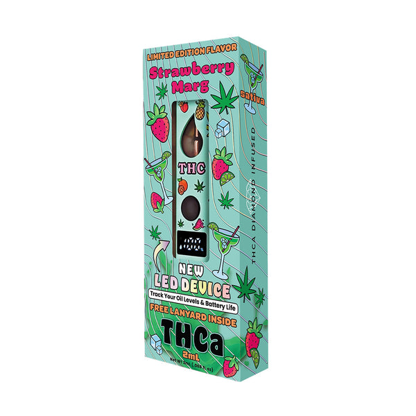 new limited fruity 2ml Strawberry Marg thca disposable vape in-box front and angled view