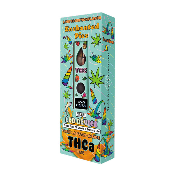 new limited fruity 2ml Enchanted Piss thca disposable vape in-box front and angled view