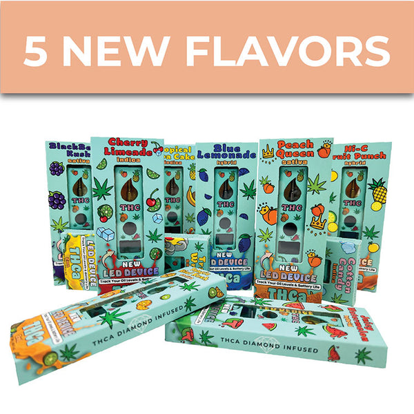 5 NEW FLAVORS assorted Fruity thca disposable vapes in box.