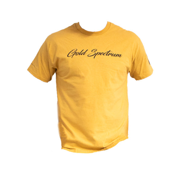 Front view of a yellow T-shirt with Gold Spectrum logo