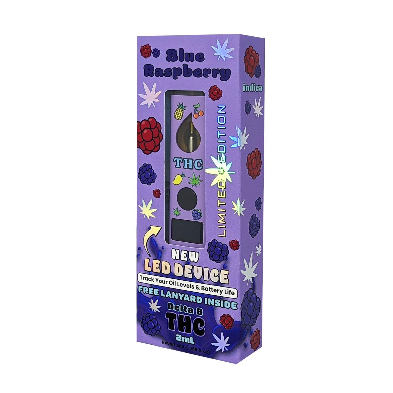 new limited fruity 2ml Blue Raspberry Delta 8 disposable vape in-box angled view