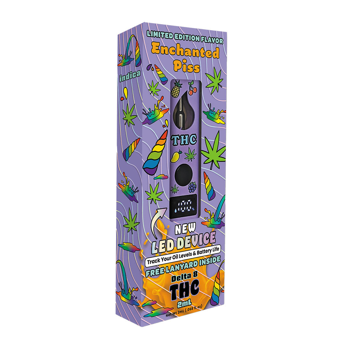 new limited fruity 2ml Enchanted Piss Delta 8 disposable vape in-box angled view