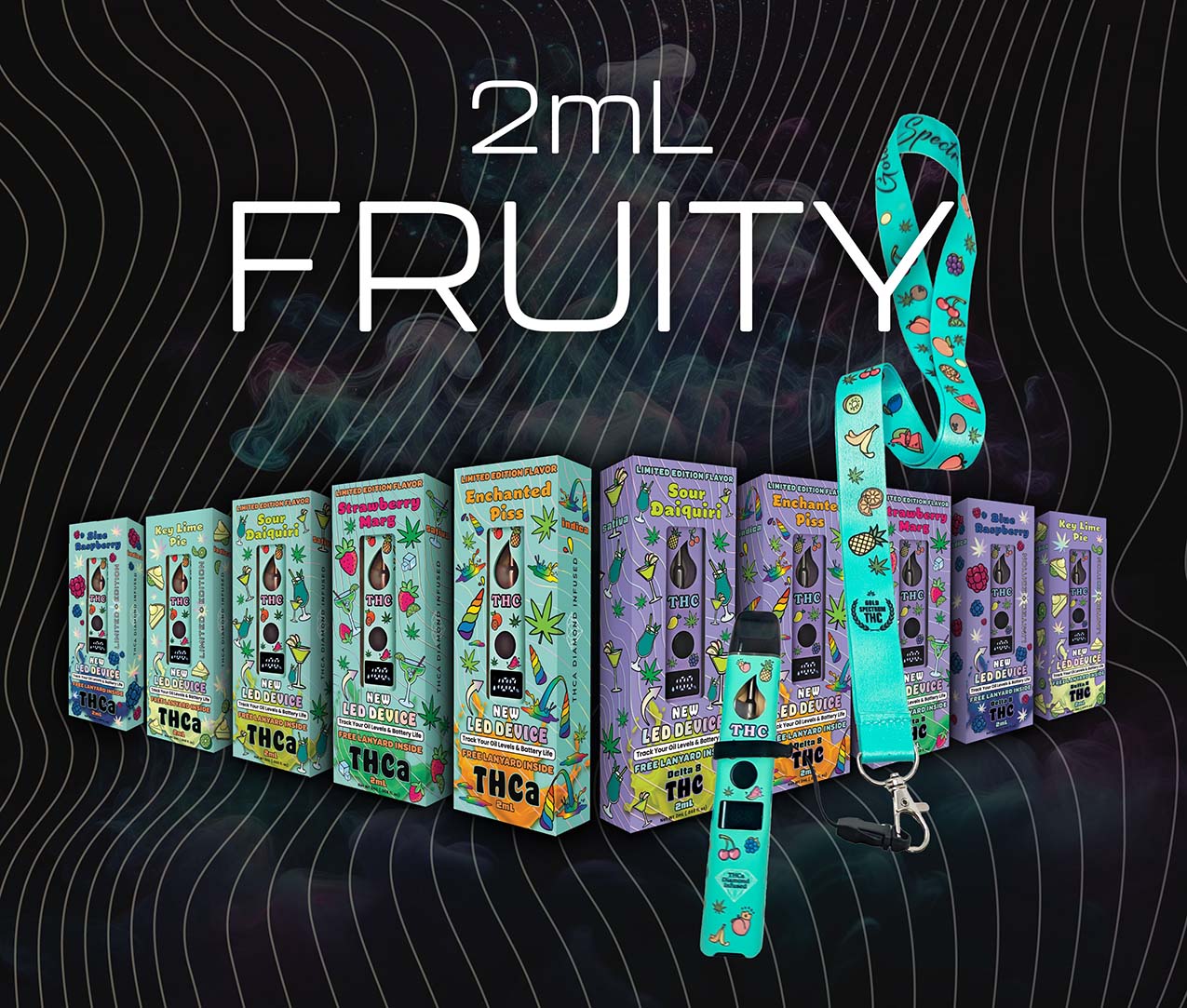 Array of all 2ml fruity disposable thca devices in box, front view, showcasing limited free lanyard